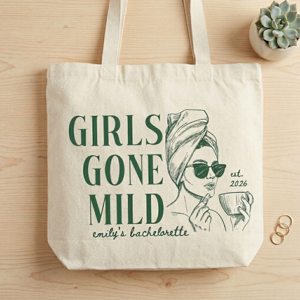 Custom Girls Gone Mild Bachelorette Party Favor Tote Bag for Bridesmaids Preppy Spa Weekend Aesthetic Heavy Cotton Canvas Reusable Goodie Bag Personalized Bridal Shower Gift Pjs and Prosecco Wellness Theme
