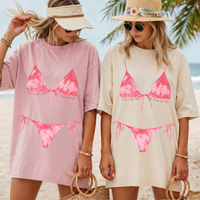 RodyThread Pink Glitter String Bikini Print Oversized T-Shirt Dress Beach Cover Up For Women Preppy Y2K Summer Coquette White Casual Loose Cotton Tee Funny Graphic Top Palm Springs Bachelorette Party Novelty Swimsuit Shirt