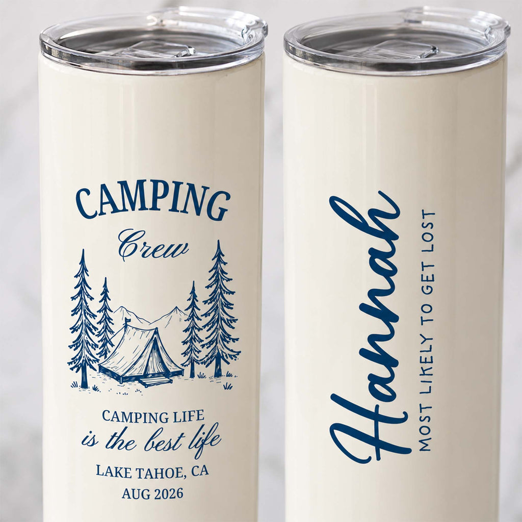 RodyThread Personalized Custom Camping Tumbler Skinny Travel Mug For Bridesmaid Family Trip Minimalist Preppy Camp Aesthetic Cream Stainless Steel Single Line Art Camp Bachelorette Mountain Bride Girls Weekend Gift