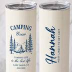 Two personalized camping tumblers with clear lids shown side by side featuring custom navy lake location and bridal party
