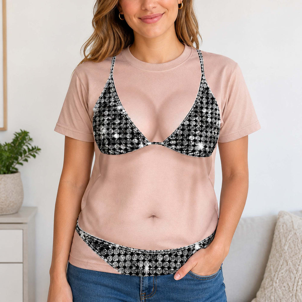 Woman wearing a black sequin disco bikini body bachelorette t-shirt with a realistic swimsuit illusion and custom print.