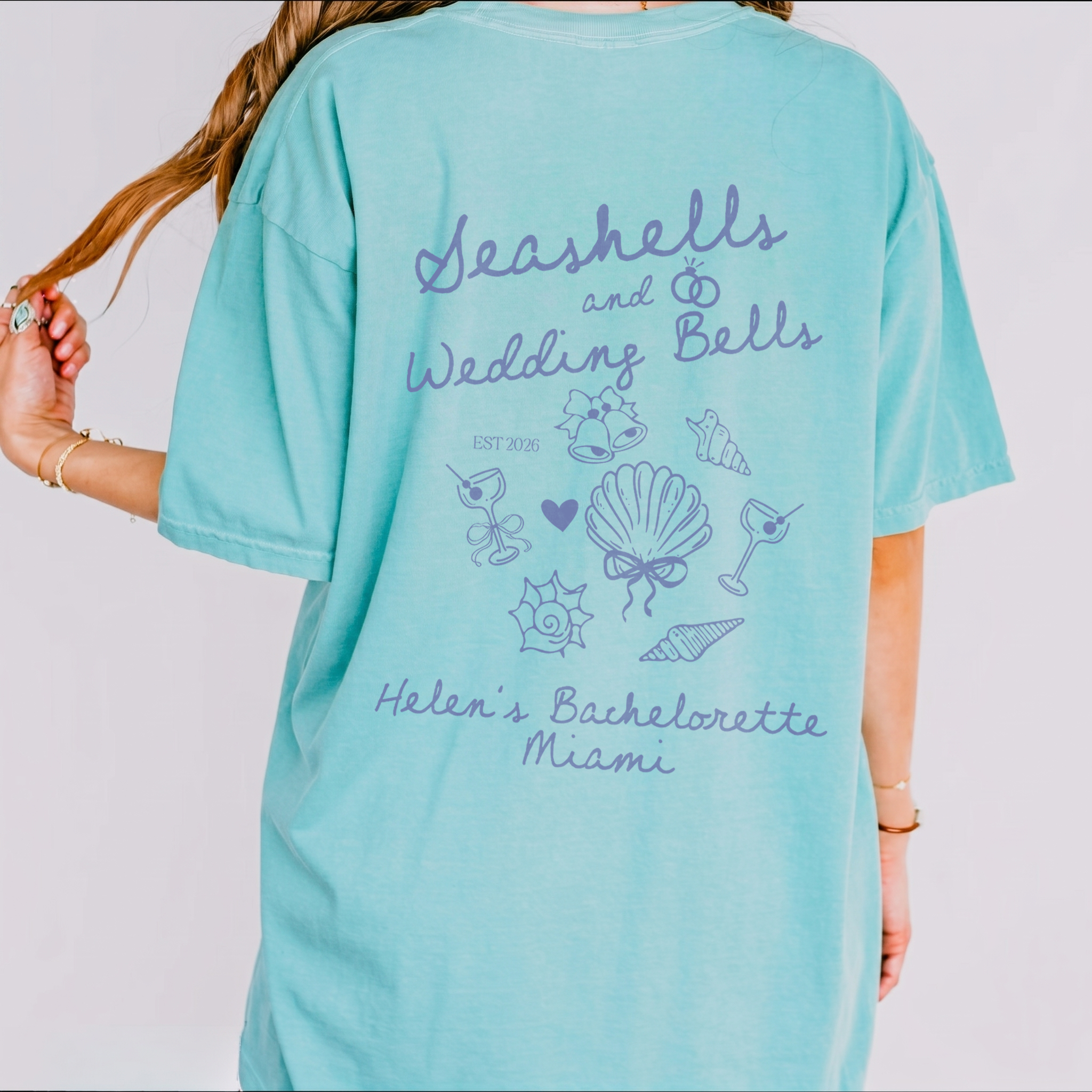 RodyThread Personalized Seashells and Wedding Bells Matching Graphic Oversized T-Shirt for Brides Bridesmaids Maid of Honor Coastal Preppy Coquette Aesthetic Cotton Girls Trip Matching Beach Bach Party Trip Last Toast On The Coast Location Vacation Tee