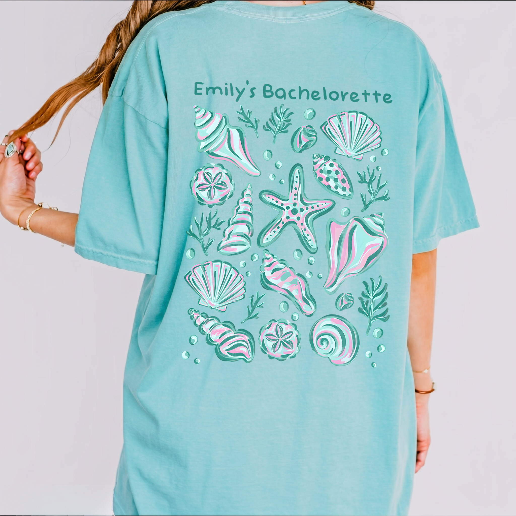 RodyThread Custom Seashell Bachelorette Party Oversized Doubled Size T-Shirt For Bridal Squad Coastal Chic Seafoam Green Cotton Graphic Tee Last Toast On The Coast Beach Bride Bridesmaid Favors Matching Group Outfits Seashells And Wedding Bells