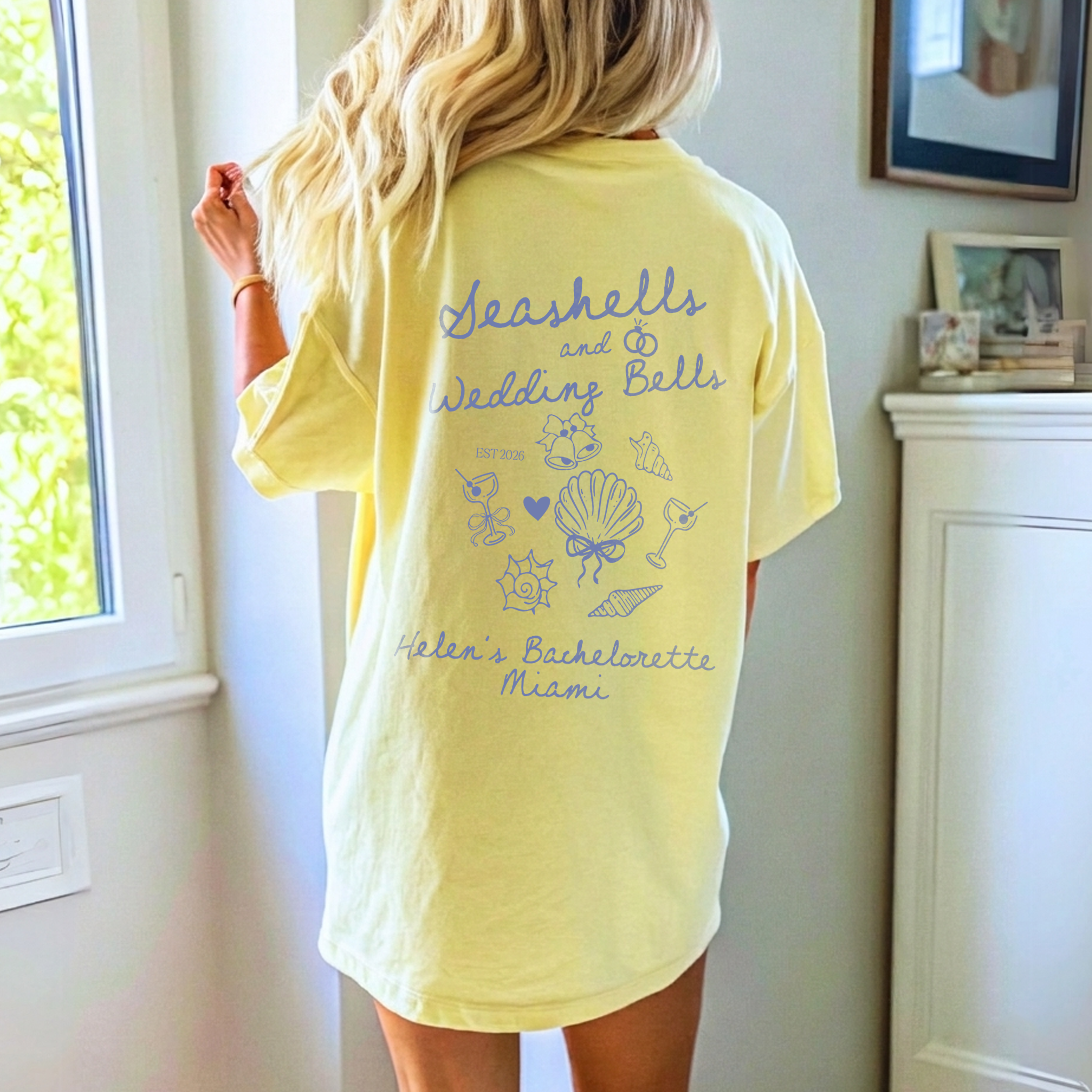 RodyThread Personalized Seashells and Wedding Bells Matching Graphic Oversized T-Shirt for Brides Bridesmaids Maid of Honor Coastal Preppy Coquette Aesthetic Cotton Girls Trip Matching Beach Bach Party Trip Last Toast On The Coast Location Vacation Tee