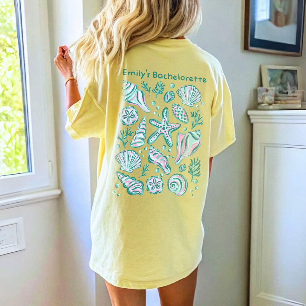 RodyThread Custom Seashell Bachelorette Party Oversized Doubled Size T-Shirt For Bridal Squad Coastal Chic Seafoam Green Cotton Graphic Tee Last Toast On The Coast Beach Bride Bridesmaid Favors Matching Group Outfits Seashells And Wedding Bells