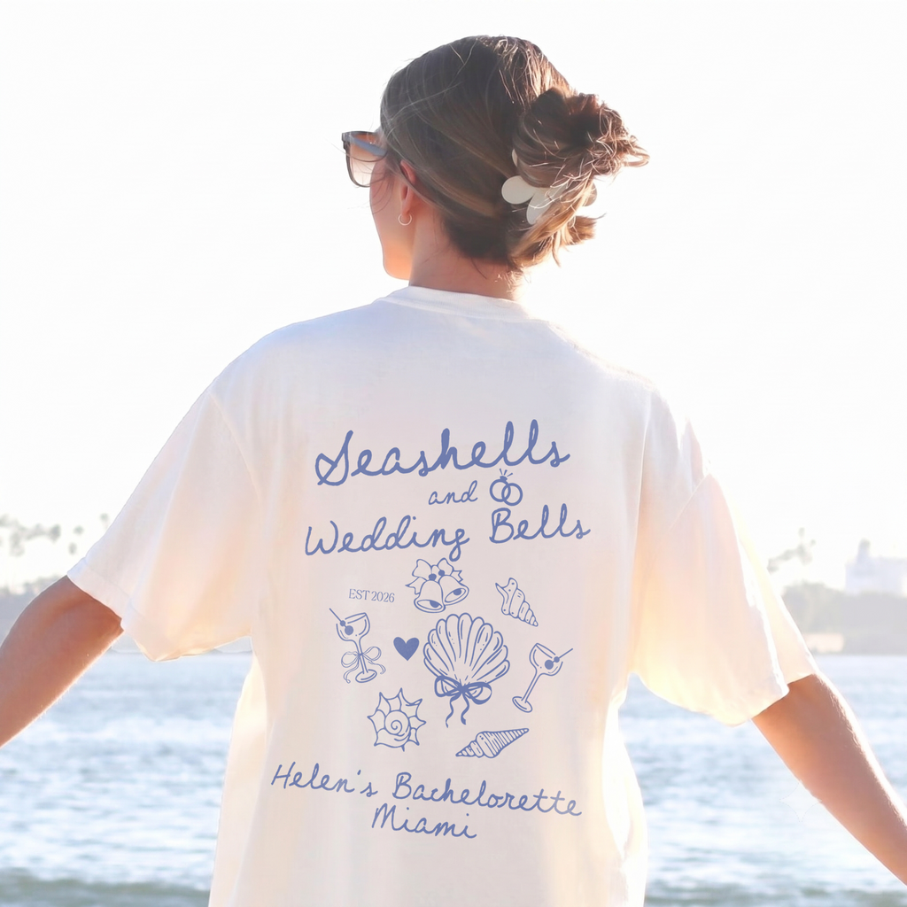 RodyThread Personalized Seashells and Wedding Bells Matching Graphic Oversized T-Shirt for Brides Bridesmaids Maid of Honor Coastal Preppy Coquette Aesthetic Cotton Girls Trip Matching Beach Bach Party Trip Last Toast On The Coast Location Vacation Tee