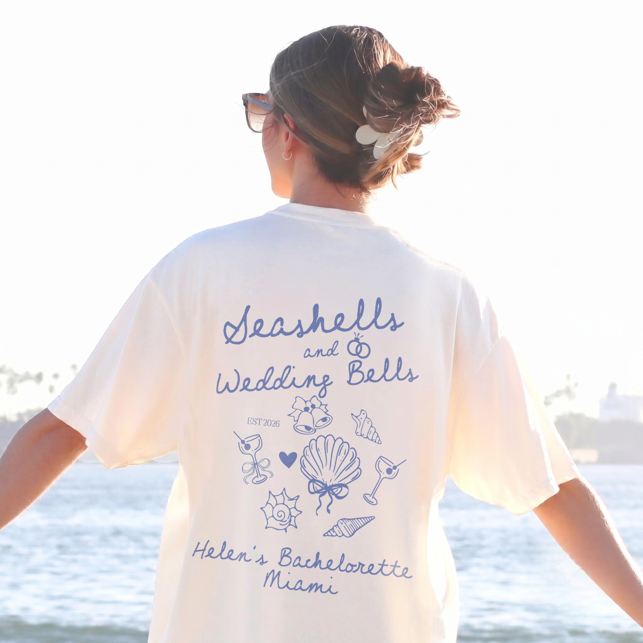 RodyThread Personalized Seashells and Wedding Bells Matching Graphic Oversized T-Shirt for Brides Bridesmaids Maid of Honor Coastal Preppy Coquette Aesthetic Cotton Girls Trip Matching Beach Bach Party Trip Last Toast On The Coast Location Vacation Tee