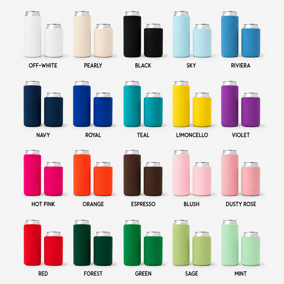 Grid of foam can coolers in 20 colors, each showing a tall slim and short regular size with color labels below.