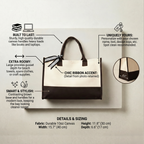 Infographic detailing features and sizing of the two-tone canvas tote, including durable 10oz canvas, structured base, and