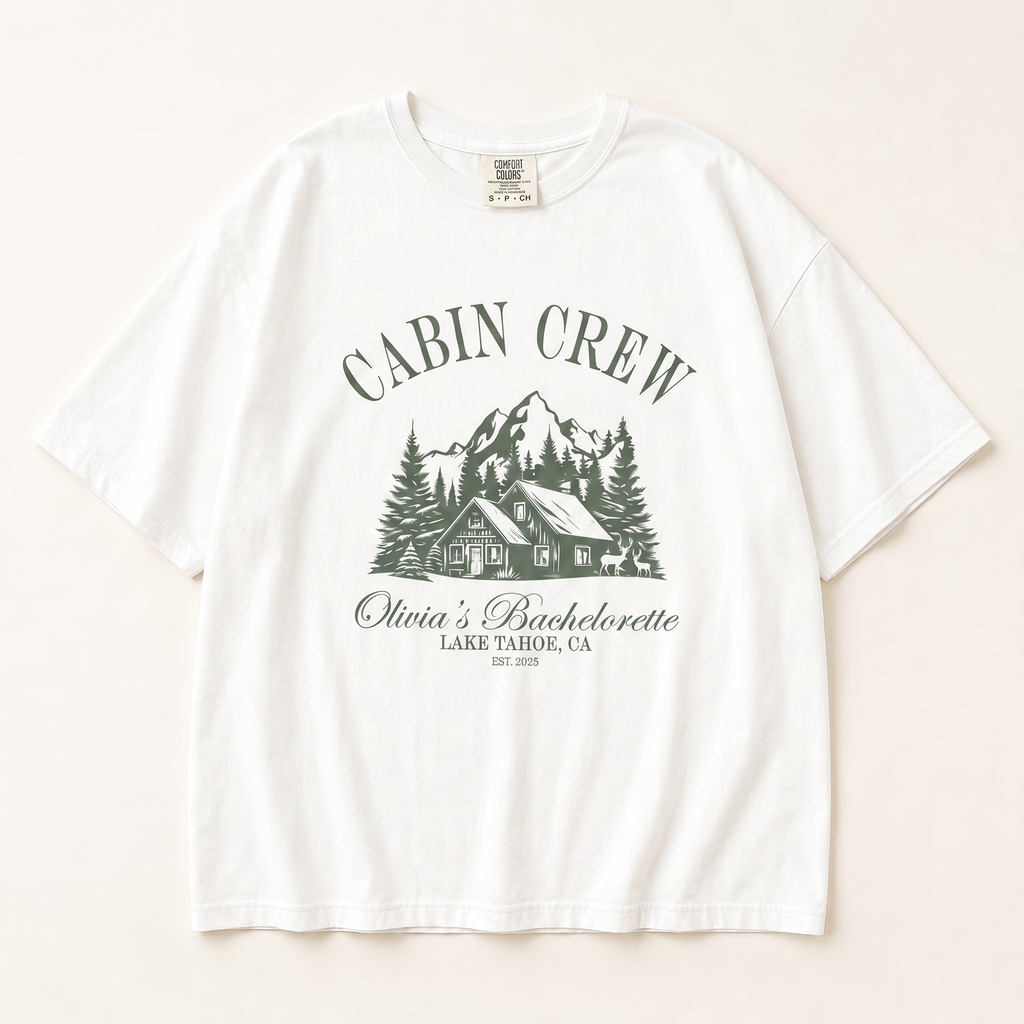 RodyThread Personalized Cabin Crew Matching Bachelorette Shirt Women's Oversized Graphic T-Shirt Outdoorsy Cottagecore Camp Bach Cotton Top Lake Tahoe Bridal Party Last Trail Before The Veil Bride Squad Tee