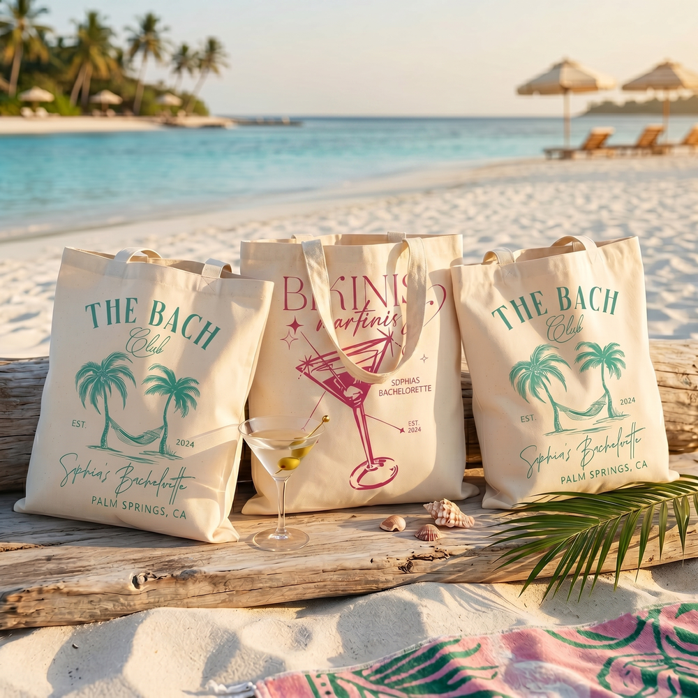 RodyThread Custom Bachelorette Bag Canvas Tote Bag for Bride and Bridesmaids Girls Trip Tropical Desert Party Palm Springs Aesthetic Natural Cotton Canvas Beach Tote Bach Club Custom Gifts for Her Hawaii Getaway Swag Bag Large Capacity Bridal Favors