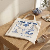 Personalized Charleston Bachelorette Canvas Tote Bag Custom Bridal Party Favor for Bridesmaids Preppy Coastal Southern Charm Hand-Drawn Aesthetic Natural Cotton Destination Wedding Welcome Totes Swag Bag Gift