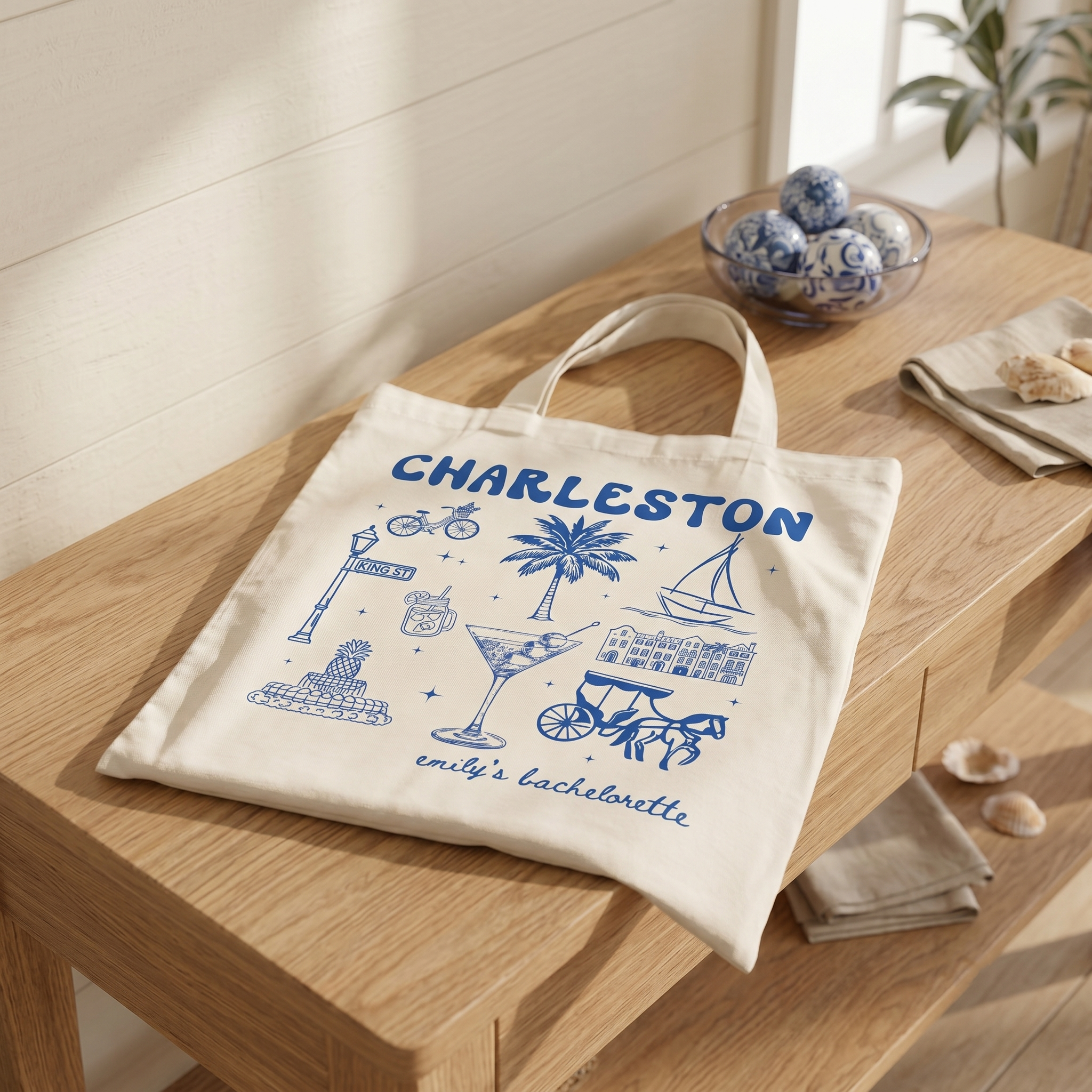 Personalized Charleston Bachelorette Canvas Tote Bag Custom Bridal Party Favor for Bridesmaids Preppy Coastal Southern Charm Hand-Drawn Aesthetic Natural Cotton Destination Wedding Welcome Totes Swag Bag Gift
