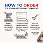 How to order guide with three steps for the personalized baby first Christmas ornament showing cart, note to seller, and