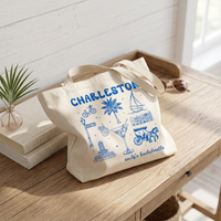 Personalized Charleston Bachelorette Canvas Tote Bag Custom Bridal Party Favor for Bridesmaids Preppy Coastal Southern Charm Hand-Drawn Aesthetic Natural Cotton Destination Wedding Welcome Totes Swag Bag Gift