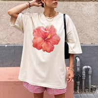 RodyThread Premium Hibiscus Flower Y2K Shirt Graphic Tee For Women Coastal Vintage Summer Aesthetic Charcoal Gray Cotton Blend Hawaii Vacation Beach Top Trendy Oversized Loose Fit Casual Clothes Gift For Her Summervibes Holiday Vacation Apparel
