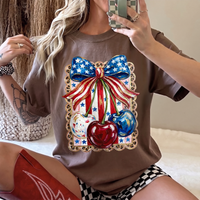RodyThread Unbranded Shes My Cherry Pie Red White and Blue Oversized Graphic T-Shirt for Women Coquette Country Western Patriotic Vintage Olive Green Cotton Tee 4th of July Independence Day Summer Festival Tops Leopard Print USA Bow Shirt