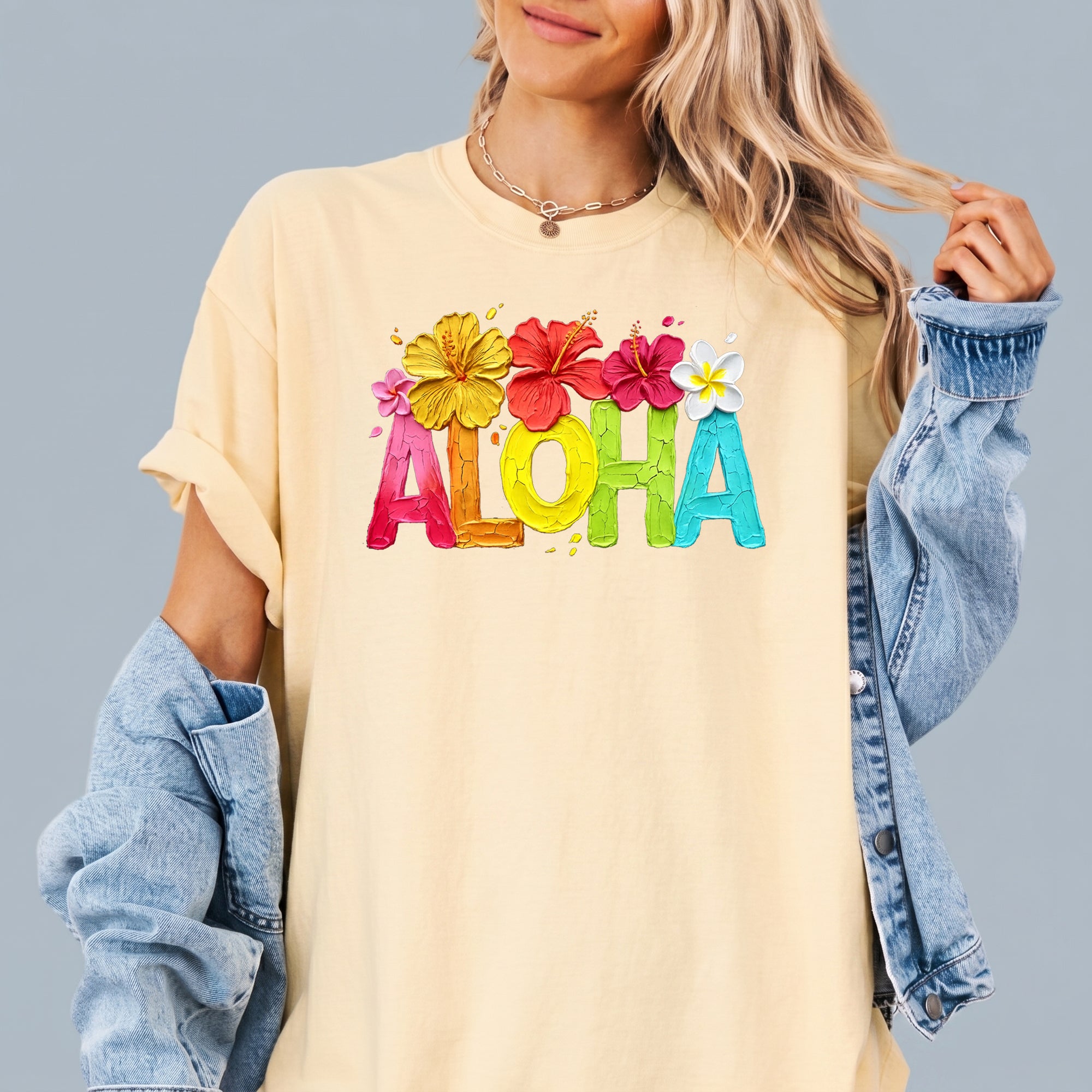 RodyThread Aloha Hawaii Floral Brushstroke Graphic T-Shirt For Women Tropical Beach Vacation Preppy Aesthetic White Cotton Blend Tee Hello Summer Travel Essentials Beach Lover Gift Hibiscus Flower Casual Daily Wear Short Sleeve Top