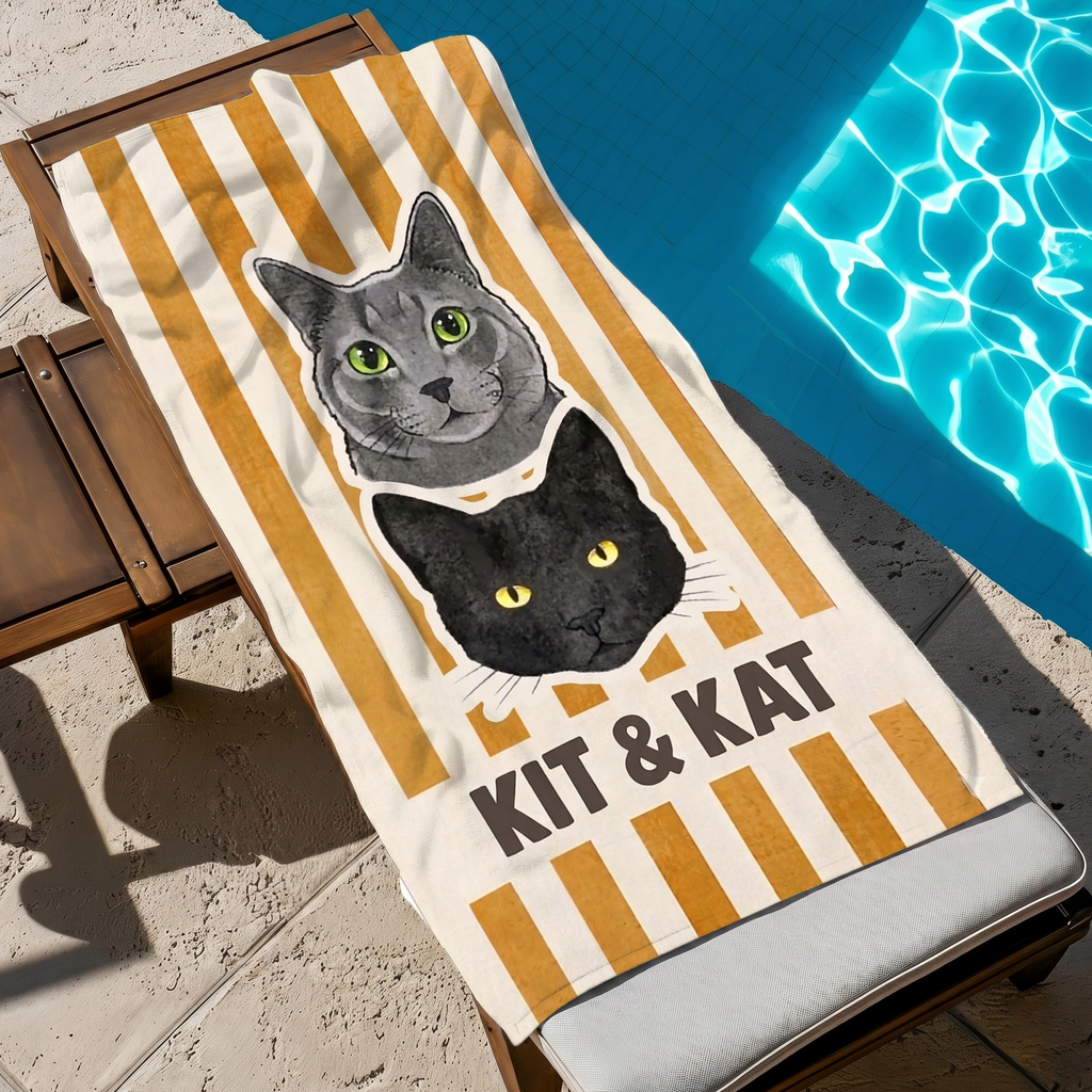 Yellow striped personalized cat portrait beach towel draped over a lounge chair by a sparkling blue swimming pool.
