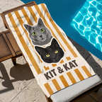 Yellow striped personalized cat portrait beach towel draped over a lounge chair by a sparkling blue swimming pool.