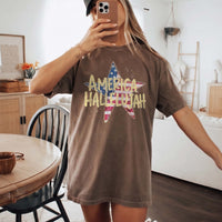 RodyThread America Hallelujah Graphic T-Shirt For Women Western Country Retro Patriotic 4th of July Brown Cotton Summer Festival Top Cowgirl Shirt USA Flag Star Distressed Vintage Tee American Pride Holiday Concert Apparel Outfit