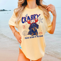 RodyThread Pet Crabby Summer Dachshund Dog Graphic T Shirt If Crabby Please Return To The Beach Oversized Washed Tee Funny Wiener Dog Crab Claw Headband Graphic Shirt, Cute Pink Summer Vacation Women Top