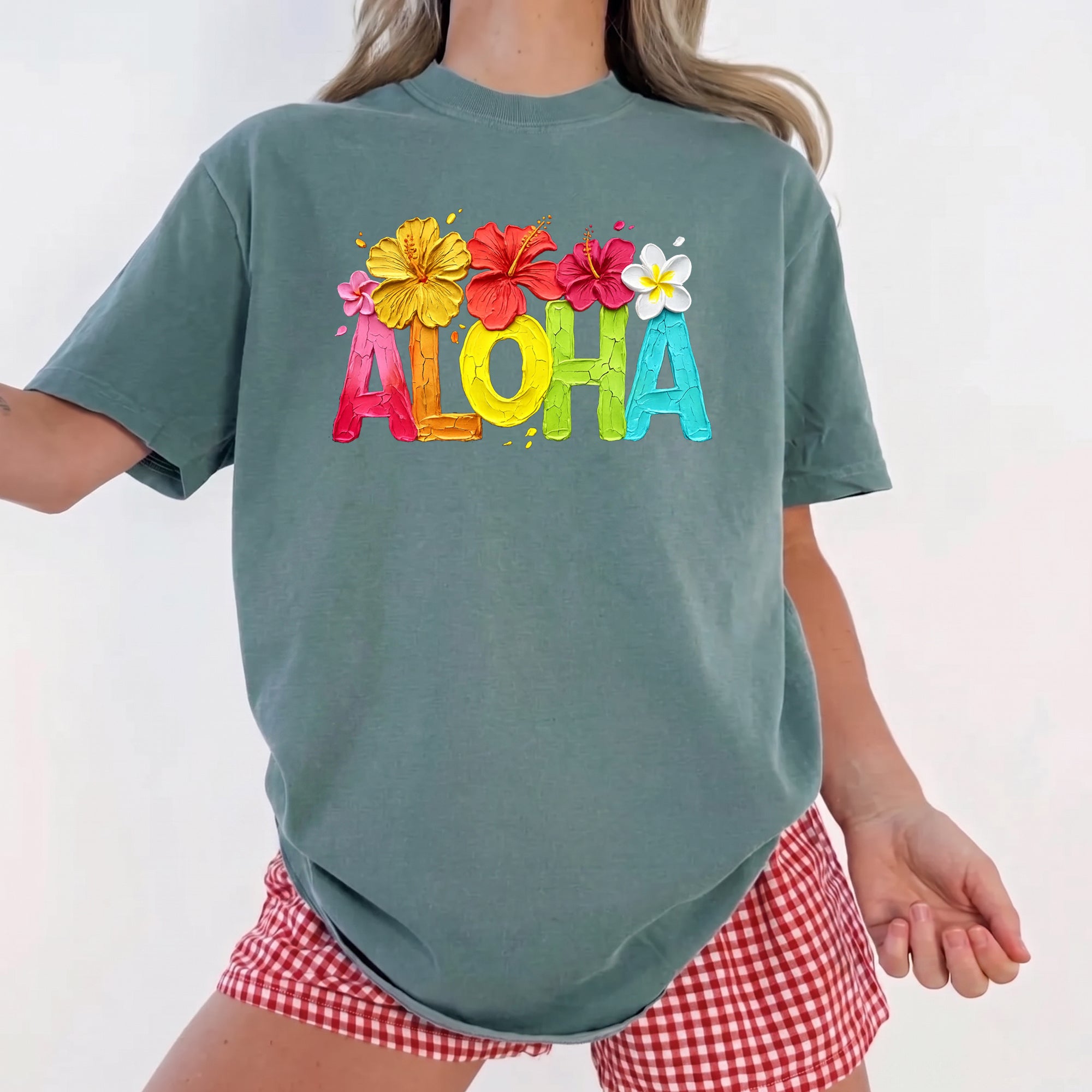 RodyThread Aloha Hawaii Floral Brushstroke Graphic T-Shirt For Women Tropical Beach Vacation Preppy Aesthetic White Cotton Blend Tee Hello Summer Travel Essentials Beach Lover Gift Hibiscus Flower Casual Daily Wear Short Sleeve Top