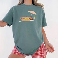 RodyThread Funny Dachshund Hot Dog Graphic T-Shirt Unisex Retro Summer Vacation Beach Vintage Casual Olive Green Cotton Tee Wiener Dog Lover Gift Sausage Dog Novelty Humor Patriotic 4th of July Apparel Top For Dog Moms And Dads