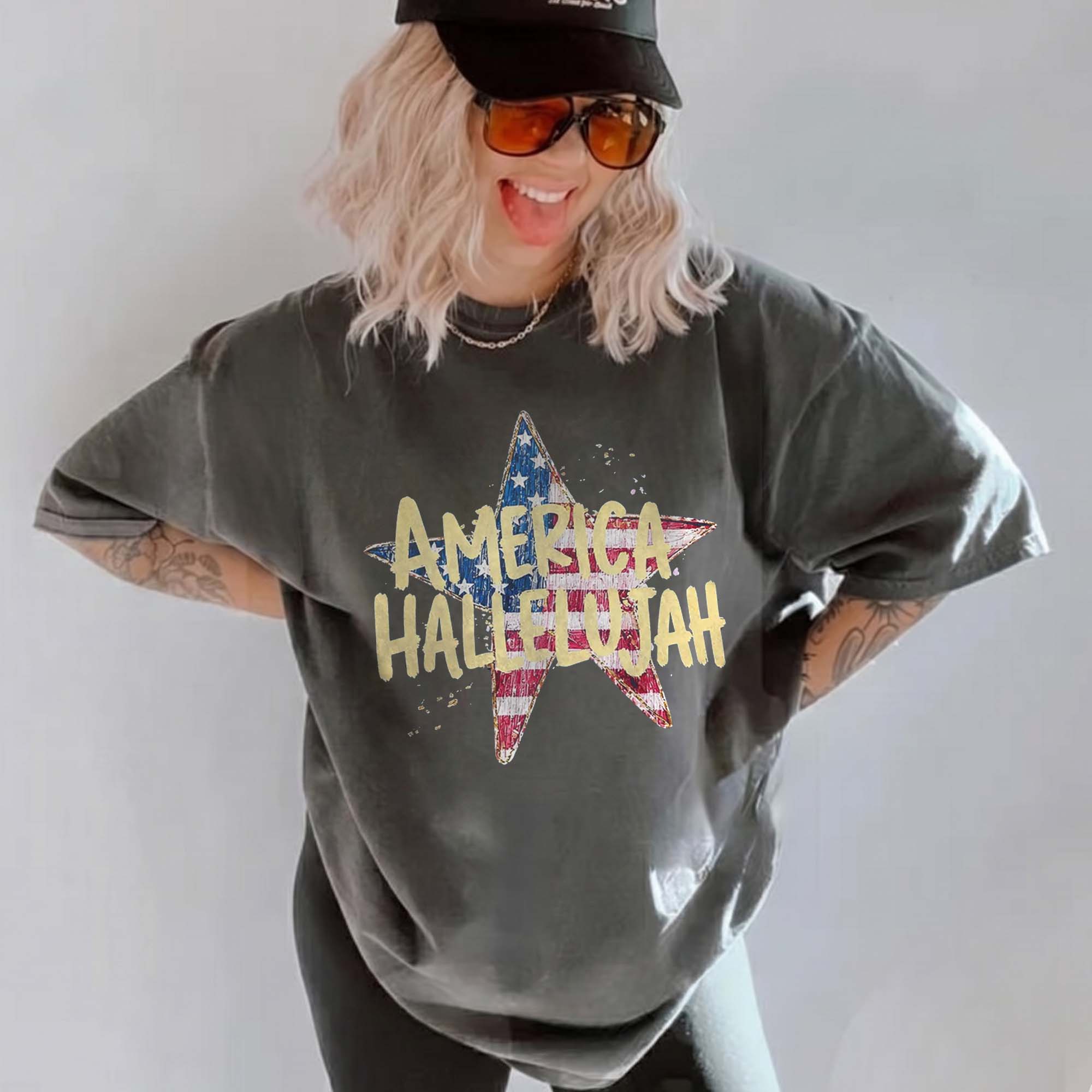 RodyThread America Hallelujah Graphic T-Shirt For Women Western Country Retro Patriotic 4th of July Brown Cotton Summer Festival Top Cowgirl Shirt USA Flag Star Distressed Vintage Tee American Pride Holiday Concert Apparel Outfit
