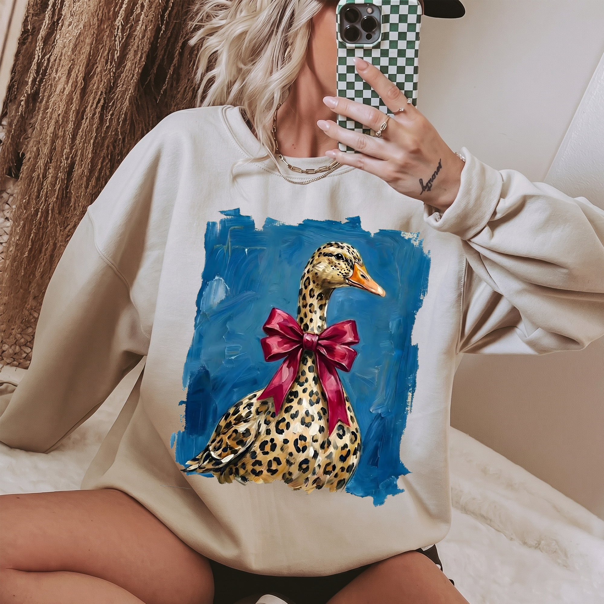 RodyThread Leopard Duck With Red Bow Graphic Tee Oversized T-Shirt For Women Coquette Preppy Southern Aesthetic Cream Yellow Cotton Blend 4th Of July Patriotic Summer Outfit Red White And Blue Independence Day Festival USA Apparel