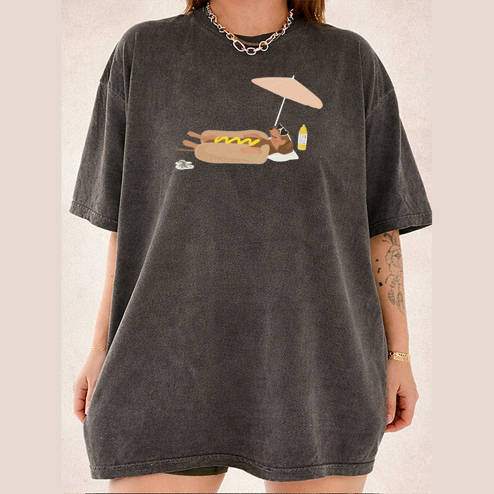 RodyThread Funny Dachshund Hot Dog Graphic T-Shirt Unisex Retro Summer Vacation Beach Vintage Casual Olive Green Cotton Tee Wiener Dog Lover Gift Sausage Dog Novelty Humor Patriotic 4th of July Apparel Top For Dog Moms And Dads
