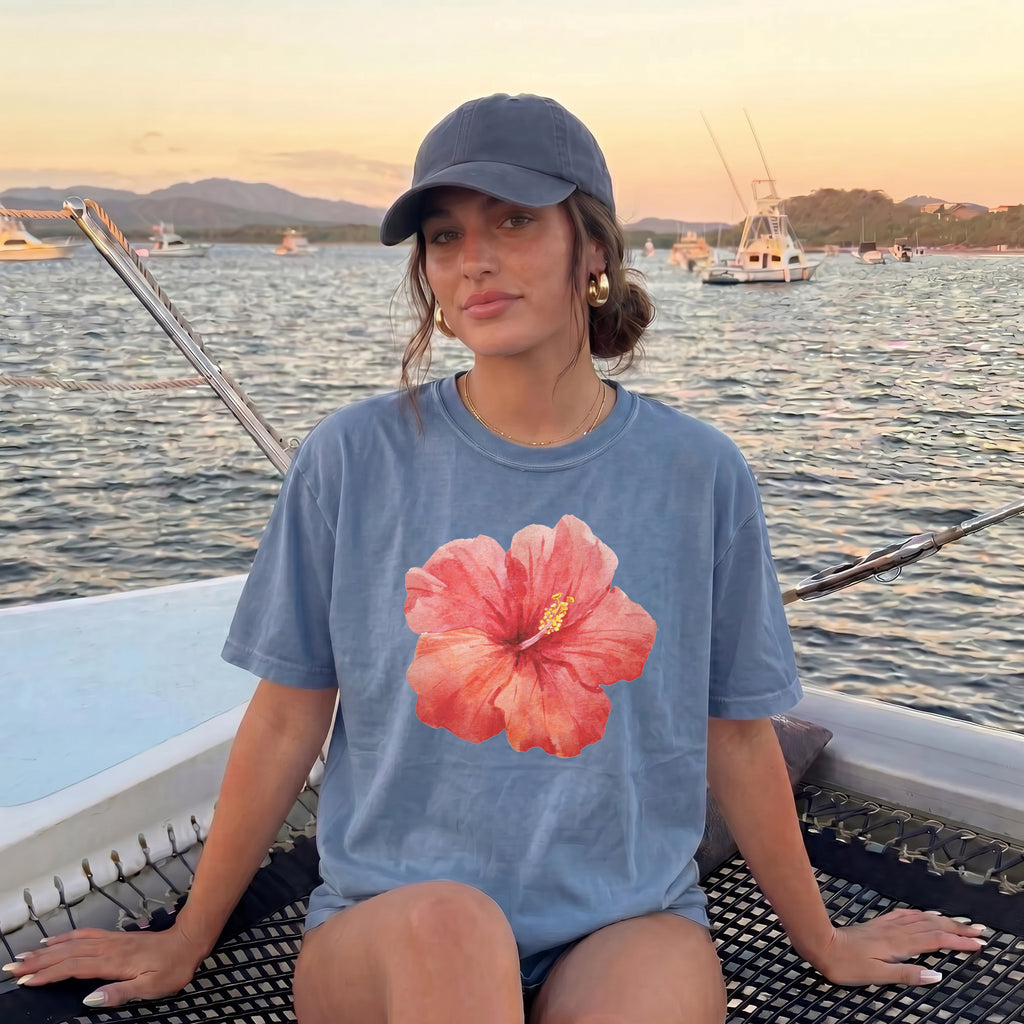 RodyThread Premium Hibiscus Flower Y2K Shirt Graphic Tee For Women Coastal Vintage Summer Aesthetic Charcoal Gray Cotton Blend Hawaii Vacation Beach Top Trendy Oversized Loose Fit Casual Clothes Gift For Her Summervibes Holiday Vacation Apparel