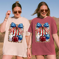 RodyThread Unbranded Shes My Cherry Pie Red White and Blue Oversized Graphic T-Shirt for Women Coquette Country Western Patriotic Vintage Olive Green Cotton Tee 4th of July Independence Day Summer Festival Tops Leopard Print USA Bow Shirt