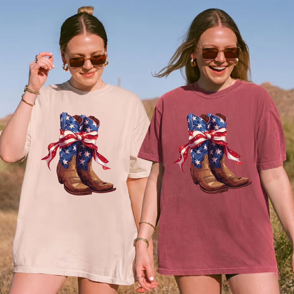 RodyThread Vintage Cowboy Boot Bow Graphic T-Shirt Patriotic 4th of July Western Cowgirl Oversized Tee American Flag Star Ribbon Boots Graphic Shirt Cute Country Music Concert Top Women American Flag Patriotic Cowboy Boots Graphic Tee
