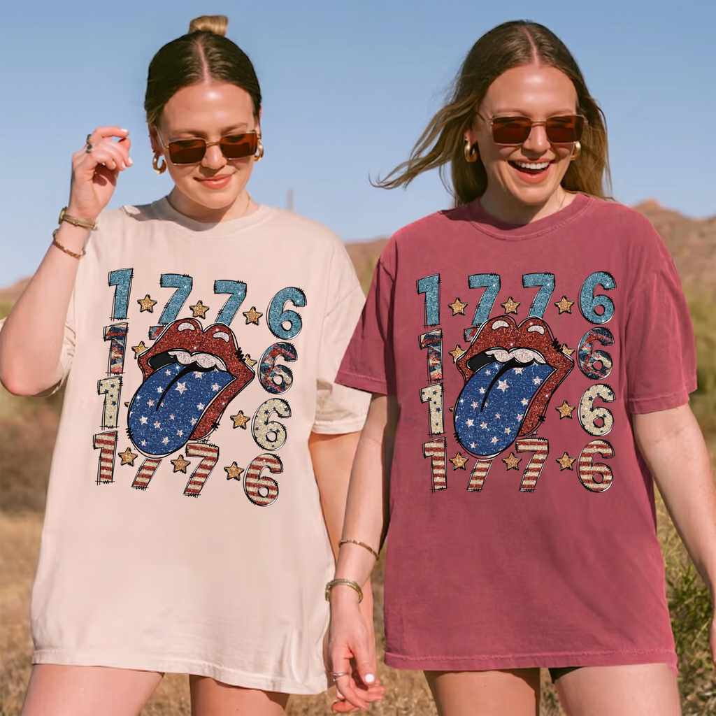 RodyThread Vintage 1776 Patriotic American Flag Tongue Graphic T-Shirt Retro Rock n Roll Fourth of July Oversized Tee Glitter Star Striped Tongue Graphic Shirt Cute Patriotic Top Women Independence Day Country Concert Oversized Top