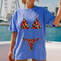 RodyThread Y2K Red Lips Leopard Bikini Graphic Bach Party T Shirt Grunge Aesthetic Swimwear Cheetah Print Triangle Top Two Piece Bride Oversized Tee Trashy Chic Women Bathing Suit Cover Up Shirt Alternative Streetwear