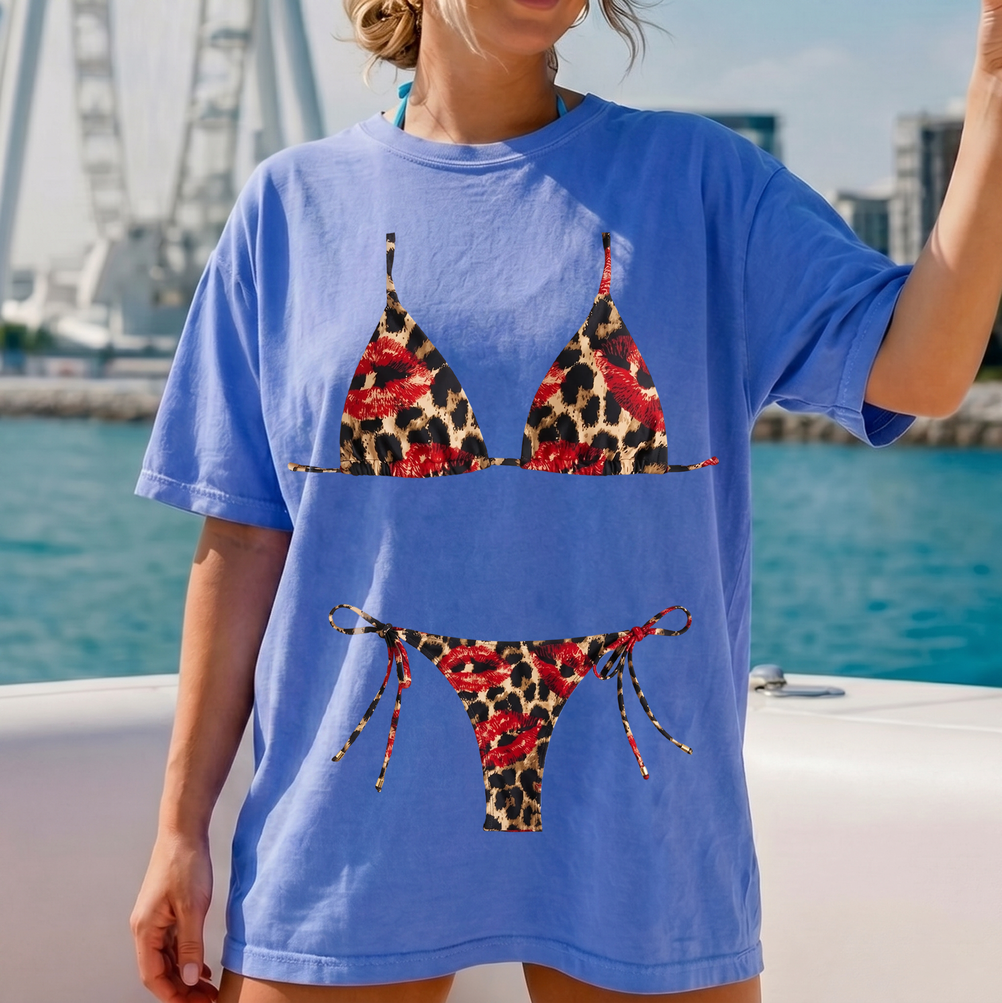 RodyThread Y2K Red Lips Leopard Bikini Graphic Bach Party T Shirt Grunge Aesthetic Swimwear Cheetah Print Triangle Top Two Piece Bride Oversized Tee Trashy Chic Women Bathing Suit Cover Up Shirt Alternative Streetwear