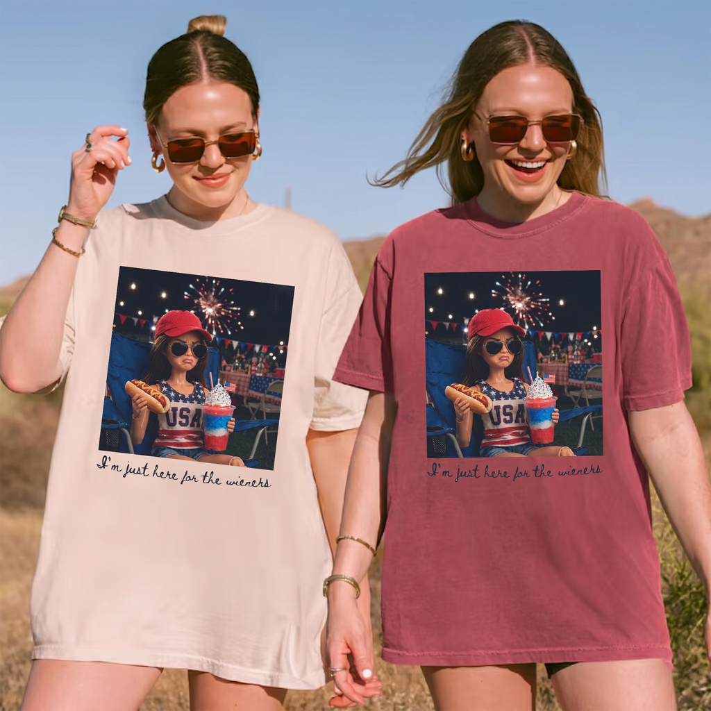 RodyThread Funny I'm Just Here For The Wieners Doll Face Meme Graphic T-Shirt For Women Retro Preppy Summer BBQ Humor Y2K Aesthetic Hot Pink Cotton Tee 4th Of July USA 250th Anniversary Novelty Hot Dog Party Top