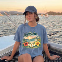RodyThread Vintage Aloha Hawaii Summer Tropical Beach Graphic Tee Women's Retro Island Vacation Aesthetic Ivory Cotton Blend Short Sleeve T-Shirt Hibiscus Floral Print Summer Holiday Travel Outfit Casual Top Beachwear