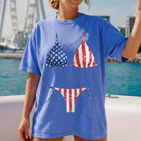 Funny American Flag Bikini Body Graphic Oversized T-Shirt Bride Beach Cover Up For Women Preppy Lake Days Western Summer Retro Blue Cotton Tee 4th of July Independence Day Bach Party Swimsuit Illusion Patriotic Apparel