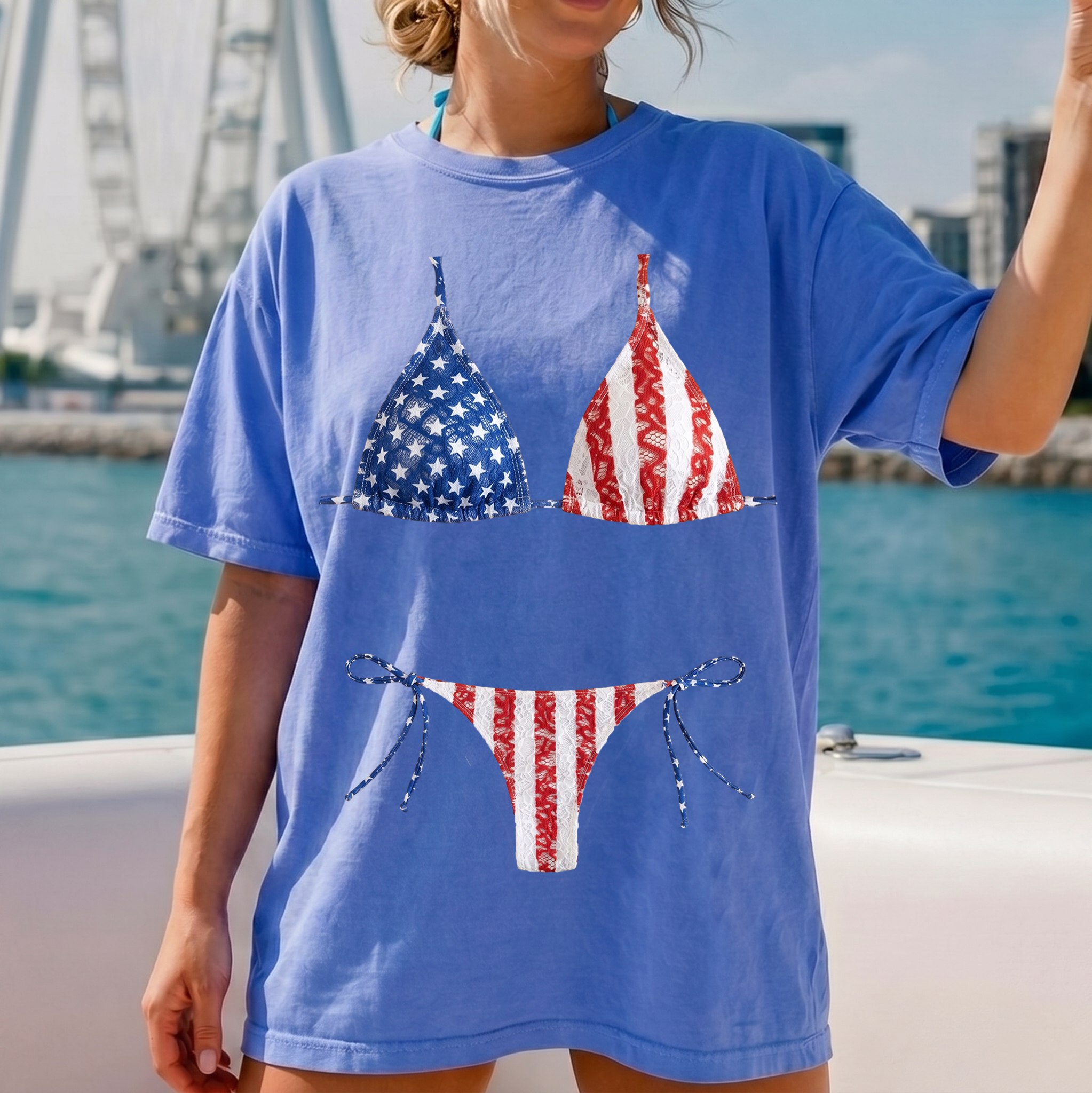 Funny American Flag Bikini Body Graphic Oversized T-Shirt Bride Beach Cover Up For Women Preppy Lake Days Western Summer Retro Blue Cotton Tee 4th of July Independence Day Bach Party Swimsuit Illusion Patriotic Apparel