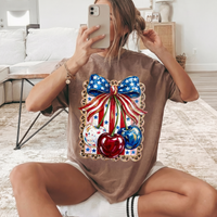 RodyThread Unbranded Shes My Cherry Pie Red White and Blue Oversized Graphic T-Shirt for Women Coquette Country Western Patriotic Vintage Olive Green Cotton Tee 4th of July Independence Day Summer Festival Tops Leopard Print USA Bow Shirt