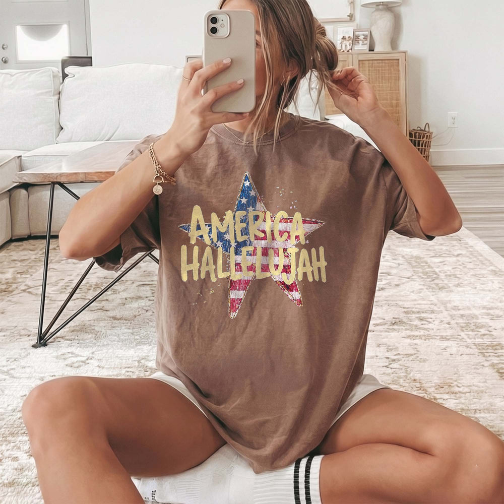 RodyThread America Hallelujah Graphic T-Shirt For Women Western Country Retro Patriotic 4th of July Brown Cotton Summer Festival Top Cowgirl Shirt USA Flag Star Distressed Vintage Tee American Pride Holiday Concert Apparel Outfit
