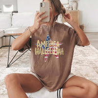 RodyThread America Hallelujah Graphic T-Shirt For Women Western Country Retro Patriotic 4th of July Brown Cotton Summer Festival Top Cowgirl Shirt USA Flag Star Distressed Vintage Tee American Pride Holiday Concert Apparel Outfit