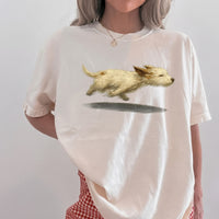 RodyThread Cute Running Dog Graphic Oversized T-Shirt For Women Trendy Vintage Aesthetic Soft Baggy Cotton Cream Tee Casual Streetwear Top Dog Lover Gift Perfect For Dog Walking Outfit Stylish Loose Fit Summer Short Sleeve