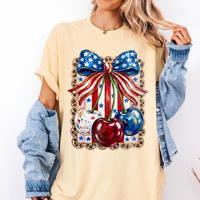 RodyThread Unbranded Shes My Cherry Pie Red White and Blue Oversized Graphic T-Shirt for Women Coquette Country Western Patriotic Vintage Olive Green Cotton Tee 4th of July Independence Day Summer Festival Tops Leopard Print USA Bow Shirt
