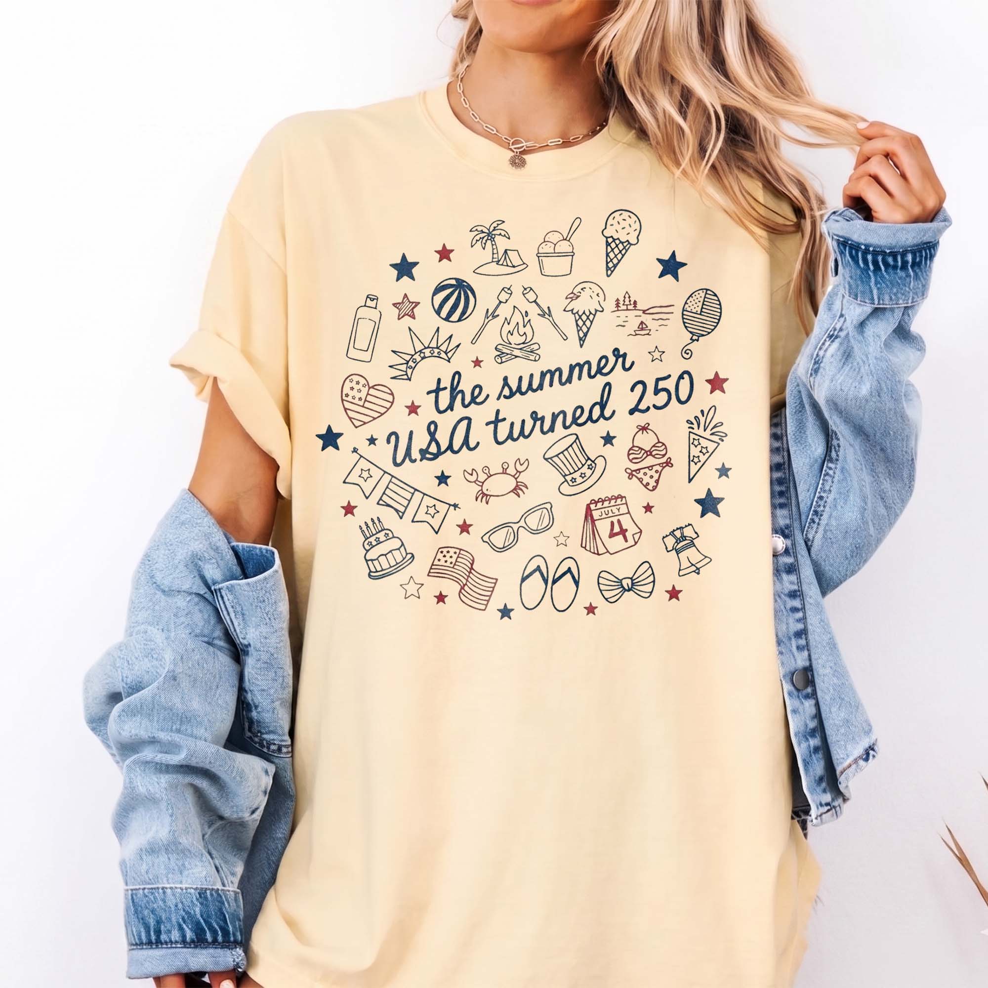RodyThread The Summer USA Turned 250 T-Shirt Unisex Retro Preppy Americana Cream Cotton Graphic Tee For 4th Of July 2026 Semiquincentennial Celebration Cute Summer Vacation Beach Festival Top Coquette Vintage Independence Day Apparel