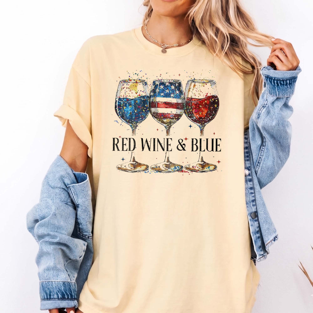 RodyThread Red Wine & Blue Graphic T-Shirt Women's Men's Patriotic Retro Preppy Ivory Cotton Comfort Colors Tee 4th of July USA Flag Memorial Day Wine Lover Drinking Top Independence Day Summer Cookout Apparel Gift