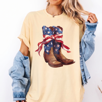 RodyThread Vintage Cowboy Boot Bow Graphic T-Shirt Patriotic 4th of July Western Cowgirl Oversized Tee American Flag Star Ribbon Boots Graphic Shirt Cute Country Music Concert Top Women American Flag Patriotic Cowboy Boots Graphic Tee