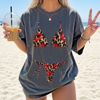 RodyThread Y2K Red Lips Leopard Bikini Graphic Bach Party T Shirt Grunge Aesthetic Swimwear Cheetah Print Triangle Top Two Piece Bride Oversized Tee Trashy Chic Women Bathing Suit Cover Up Shirt Alternative Streetwear